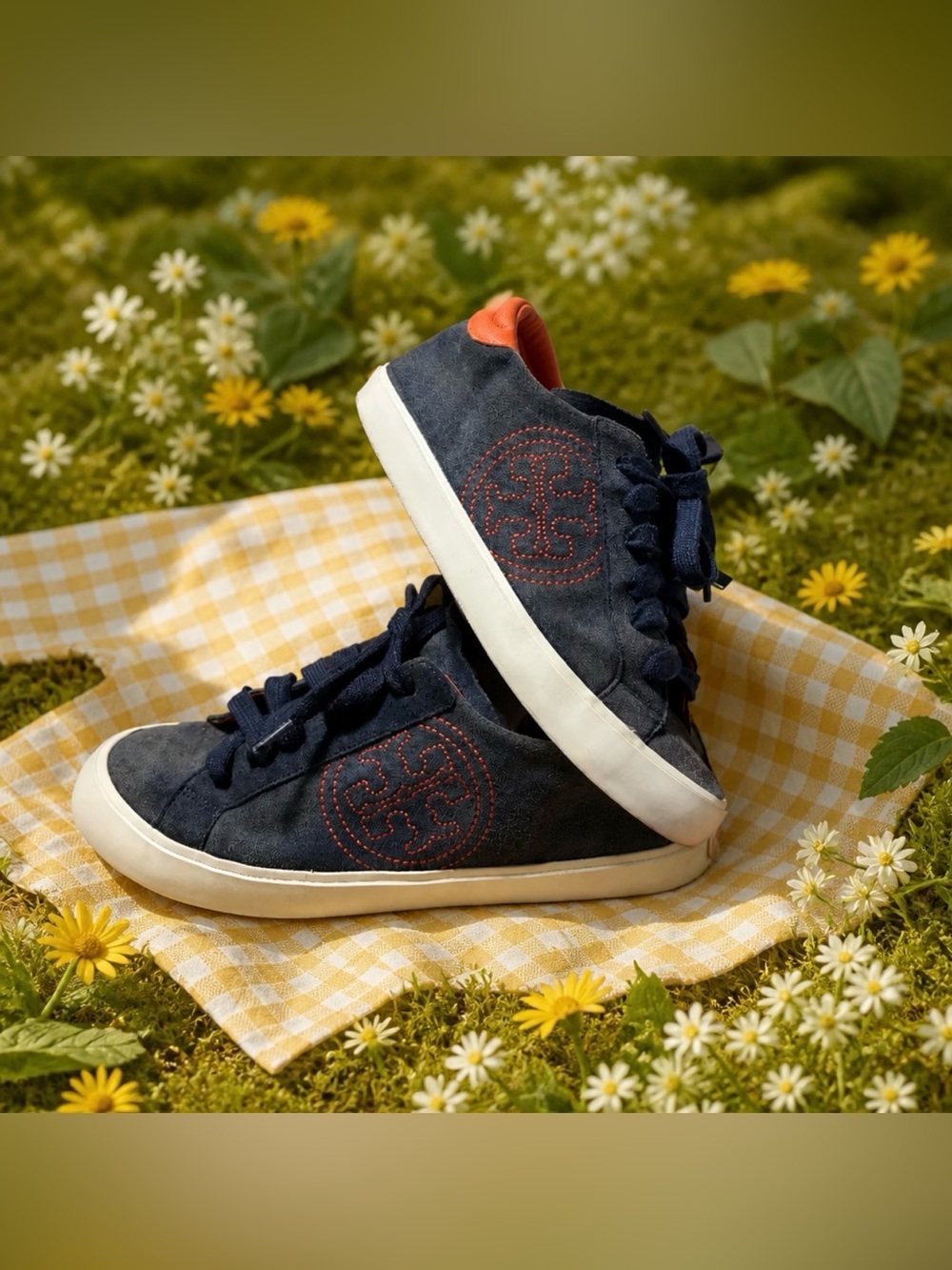 Tory Burch Navy Suede Sneakers with Orange Heel Accent